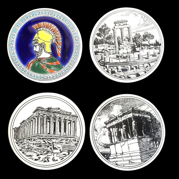 Vintage Greek Ceramic Coaster Set Ancient Ruins Smaltotechniki Ceramik - Picture 1 of 9